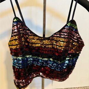 Brand NEW Dance & Marvel Rainbow Sequin Crop Top; size Large